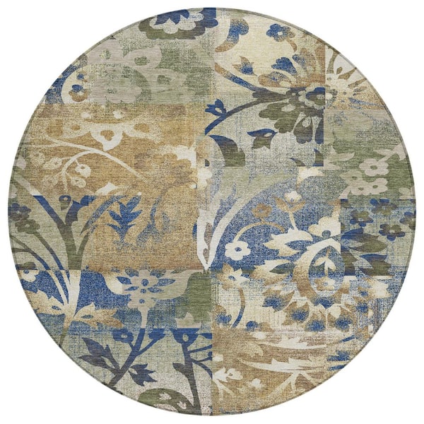 Chantille Machine Washable Indoor/Outdoor Abstract ACN2915 Olive 8 ft. x 8 ft. Round Rug