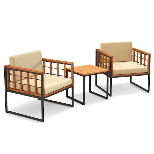 Costway 3-Piece Wood Patio Conversation Set with CushionGuard Beige