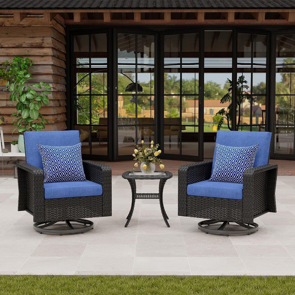 3-Piece Wicker Outdoor Chat Set Outdoor Bistro Set Patio Side Table and Swivel Rocking Chair with Blue Cushion price history on PriceWatchPro