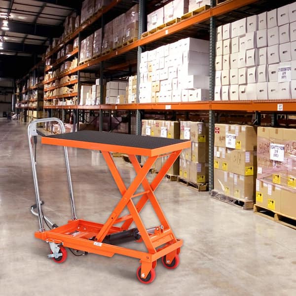 Hydraulic Lift Table Cart 500 lbs. Capacity Manual Single Scissor Lift Table 28.5 in. Lifting Height (Orange)