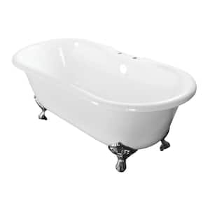 60 in. Cast Iron Double Ended Clawfoot Bathtub in White with 7 in. Deck Holes, Feet in Polished Chrome