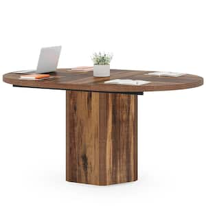 Capen 55 in. Oval Brown Wood Conference Table Meeting Room Computer Desk with Pedestal Wood Base