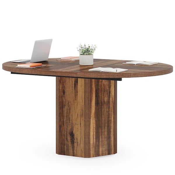 BYBLIGHT Capen 55 in. Oval Brown Wood Conference Table Meeting Room Computer Desk with Pedestal Wood Base