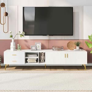 Modern White TV Stand Fits TV's Up to 77 in. with 5 Champagne legs - Durable