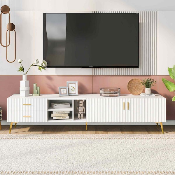 Polibi Modern White TV Stand Fits TV's Up to 77 in. with 5 Champagne legs - Durable