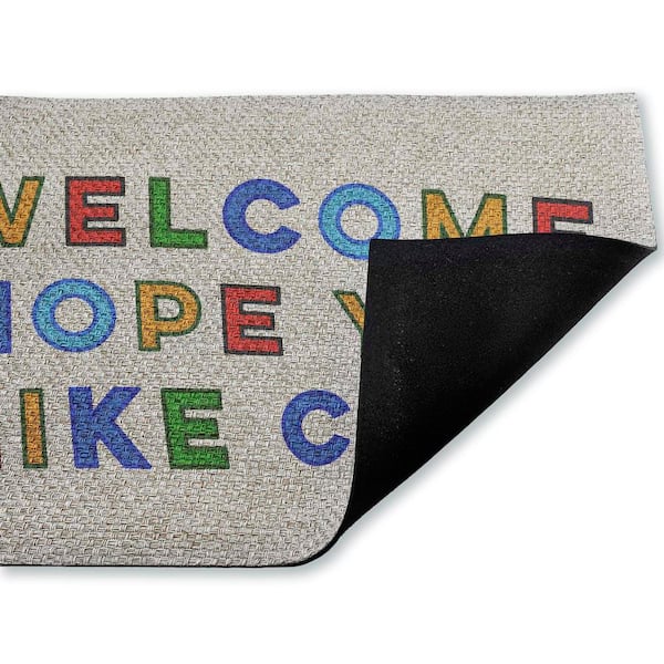 Hope You Like Cats Greeting Blue 18 in. x 30 in. Polyester Non-Slip Outdoor Door Mat