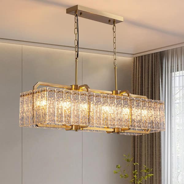 40in.6-Light Linear Modern Crystal Chandelier Brass Gold Rectangular Chandelier for Dining Living Room Kitchen Island