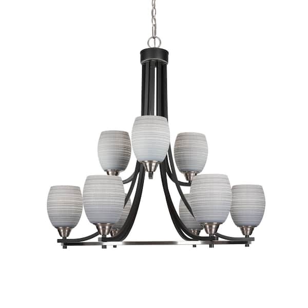 Unbranded Madison 9-Light Matte Black and Brushed Nickel Round Chandelier with 5 in. Gray Matrix Glass Shades, No bulbs included