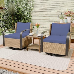 3-Piece Patio Wicker Conversation Set with Blue Cushions and Side Table