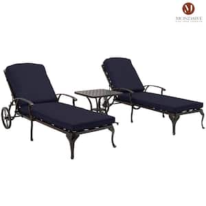 3-Piece Cast Aluminum Outdoor Chaise Lounge Table Set Reclining Chair with Dark Blue Cushion