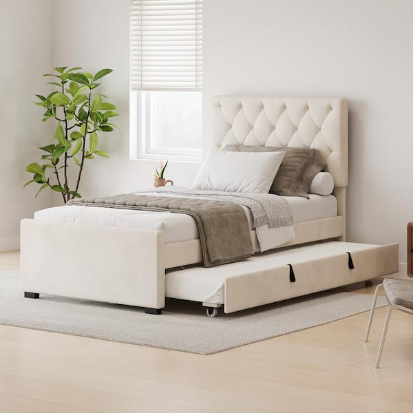 Beige Wood Frame Twin Size Velvet Upholstered Platform Bed with Trundle Bed and Adjustable Button Tufted Headboard