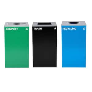 87 Gal. 3-Stream Black, Blue, Green Steel Commercial Outdoor Trash Can, Recycling Bin and Compost Station with Lids