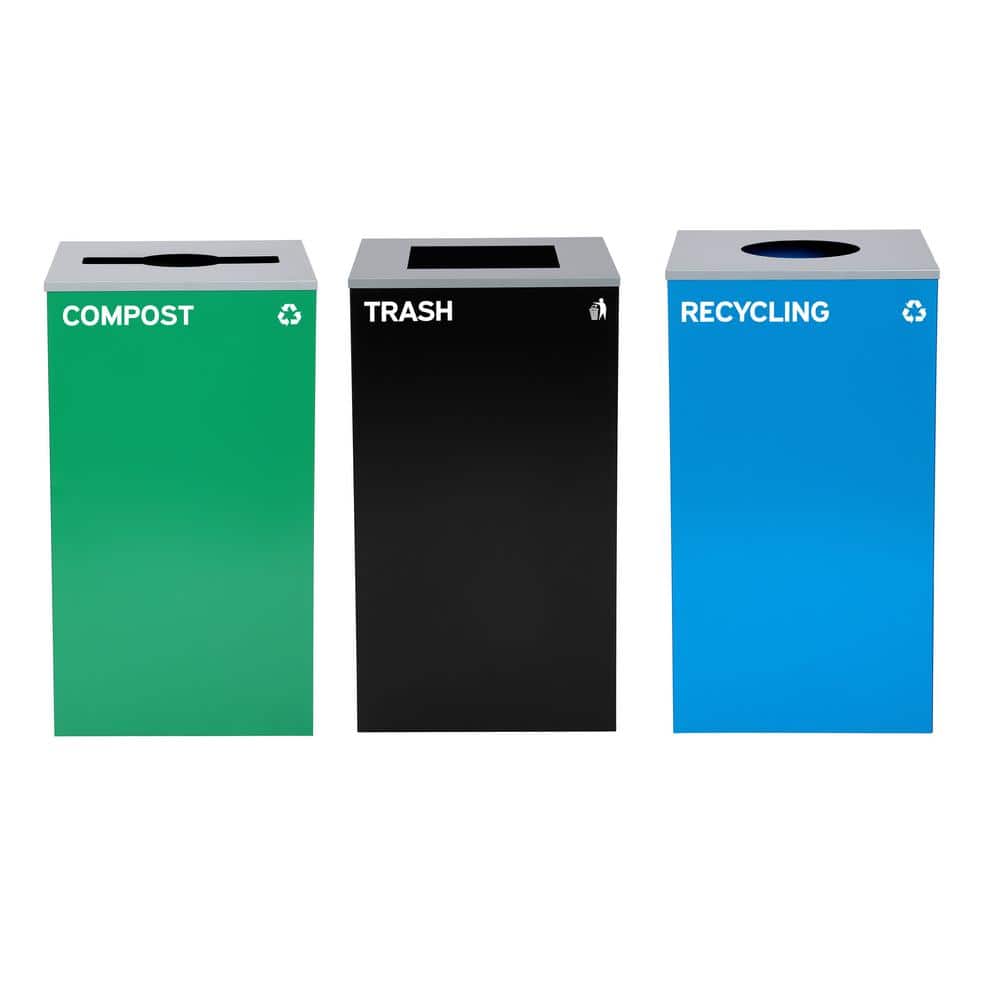 87 Gal. 3-Stream Black, Blue, Green Steel Commercial Outdoor Trash Can, Rec
