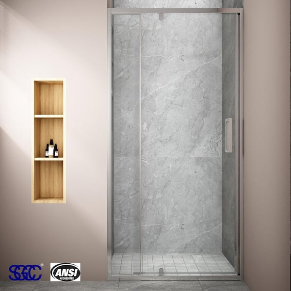 TOOLKISS 32 to 36 in. W x 72 in. H Framed Pivot Shower Door in Chrome with Clear Glass