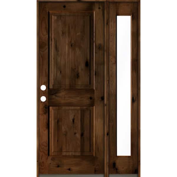 Krosswood Doors 44 in. x 80 in. knotty alder Right-Hand/Inswing Clear Glass Provincial Stain Square Top Wood Prehung Front Door w/RFSL