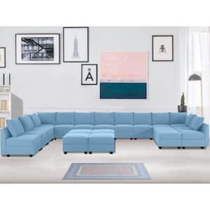 215.96 in Modern 13-Seater Upholstered Sectional Sofa with 6-Ottoman - Robin Egg Blue Linen for Living Room/Office