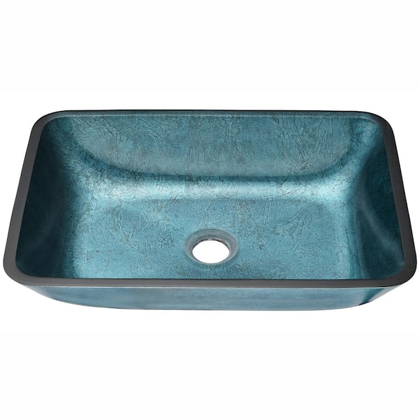 tunuo Blue Glass Rectangular Bathroom Vessel Sink with Black Faucet and Pop-Up Drain in Black