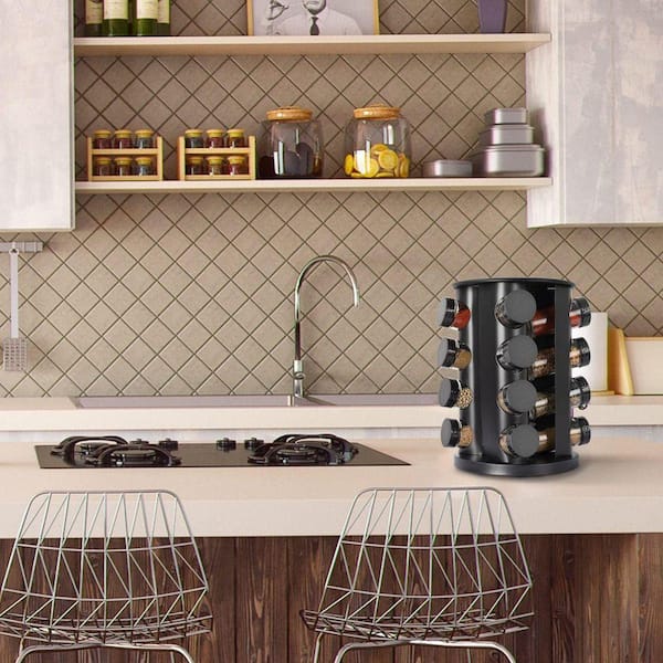 16 Shelf Black Countertop Rotating Spice Rack Organizer Round Empty Jars Set with 135 Labels Funnel Kitchen Cabinet