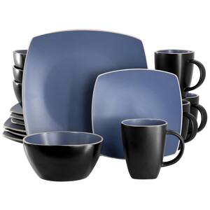 Soho Lounge 16 Piece Square Stoneware Dinnerware Set in Matte Blue and Black