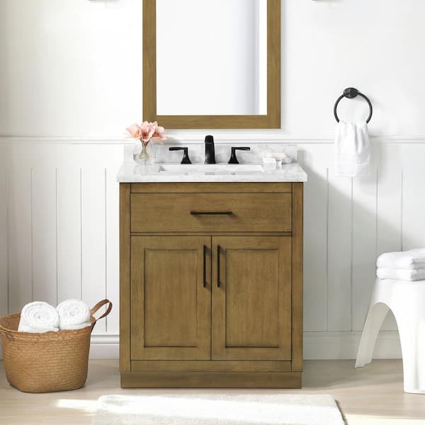 OVE Decors Athea 30 in. W x 22 in. D x 34 in. H Single Sink Bath Vanity in Almond Latte with White Engineered Marble Top