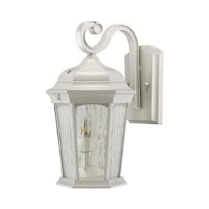 2-Light 14.6 in White Motion Sensing Integrated LED Outdoor Wall Lantern Sconce with Flickering Bulb/Clear Glass - 2 PK