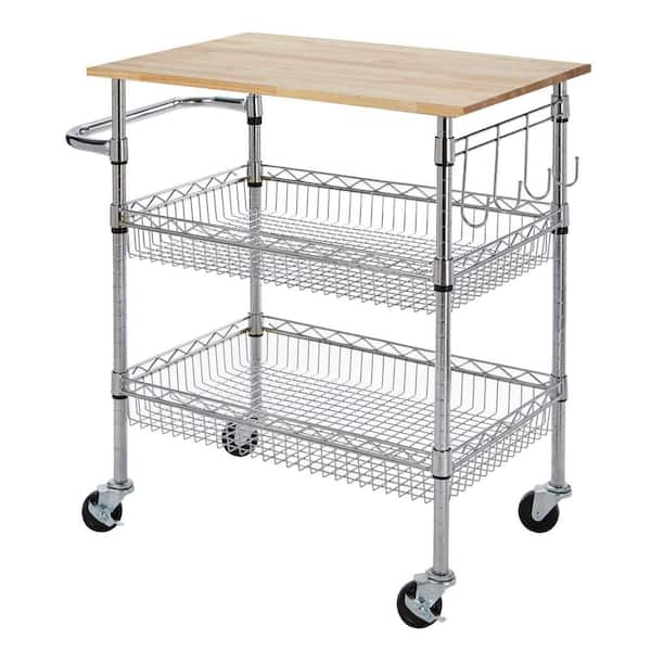 Gatefield Chrome Kitchen Cart with Natural Wood Top 