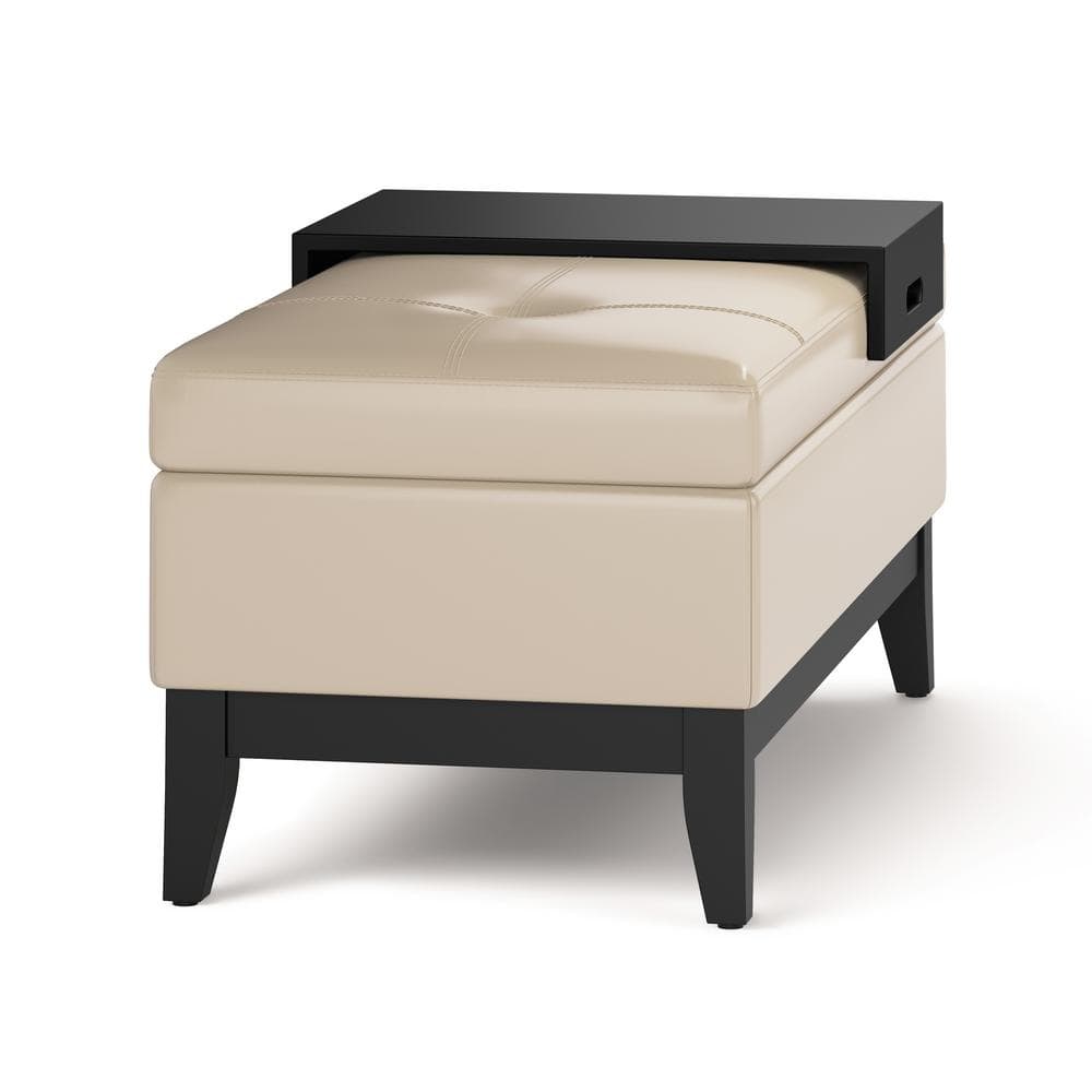Satin Cream Tufted Faux Leather Footstool with Wooden Tray