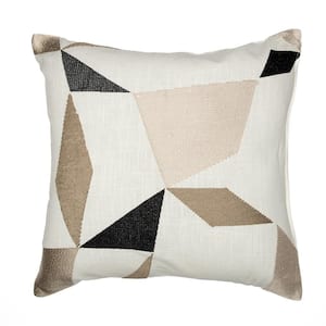 Stacy Garcia Tan/Ivory Geometric Embroidered Hand-Woven 24 in. x 24 in. Indoor  Throw Pillow