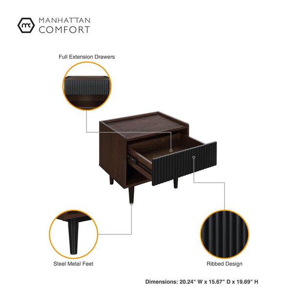 Manhattan Comfort Duane Modern Ribbed Nightstand with Full Extension Drawer in Dark Brown and Navy Blue- Set of 2