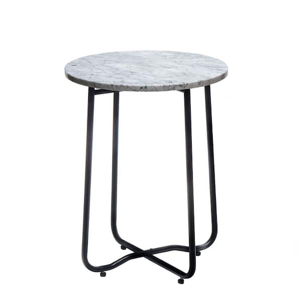 SUNRINX 19.7 in. Black Steel Frame Marble Round Side Table for Garden, Porch, Beach and Backyard