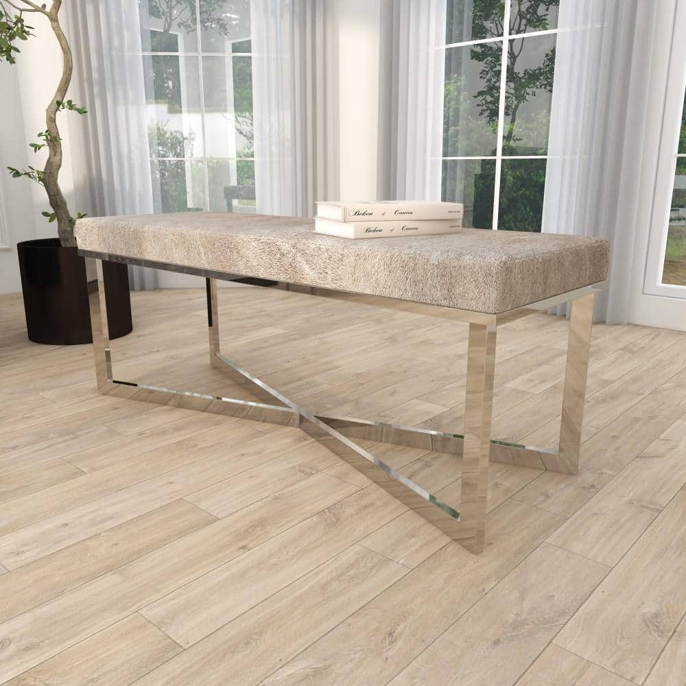 Gray Handmade Cowhide Bench with Silver Metal X-Base