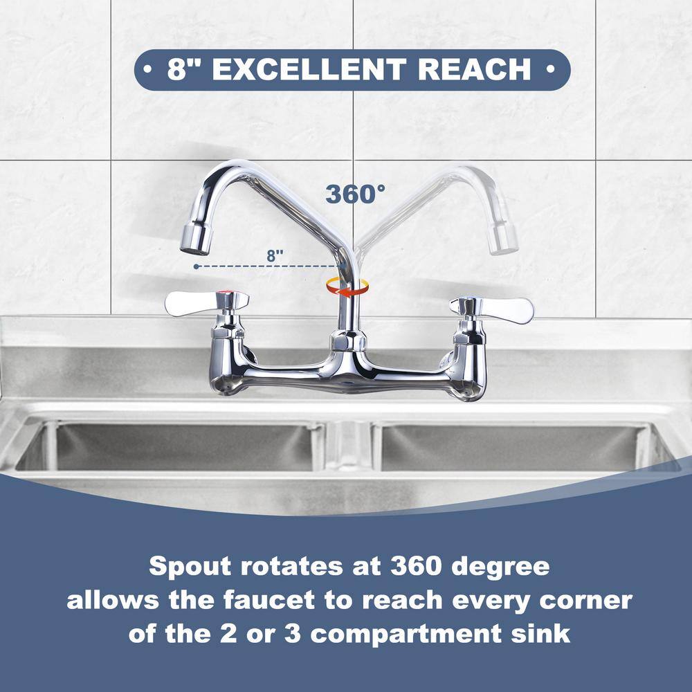 8" Dual Handle Polished Chrome Wall Mount Kitchen Faucet