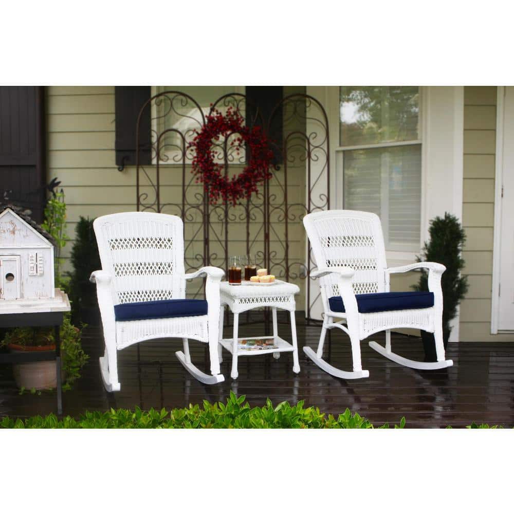 Portside Plantation 3-Piece White Wicker Outdoor Rocking Chair Set with Pat
