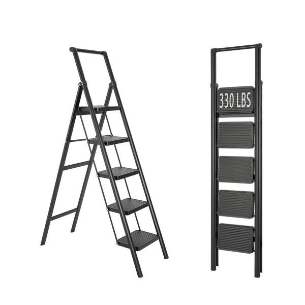 5-Step Aluminum Folding Step Stool Ladder 330 lbs. Load Capacity Type IA Duty Rating (5.54 ft. Reach Height), Black