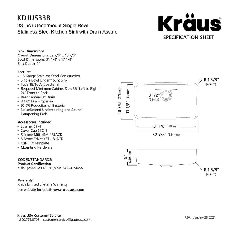Dex 33-Inch Undermount Single Bowl Stainless Steel Kitchen Sink