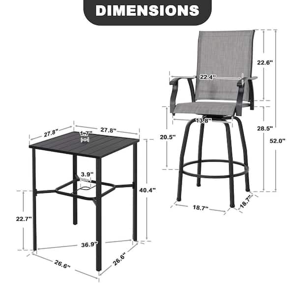 Black 3-Piece Textilene and Metal Square Outdoor Bar Set with Umbrella Hole and Swivel Bar Stools