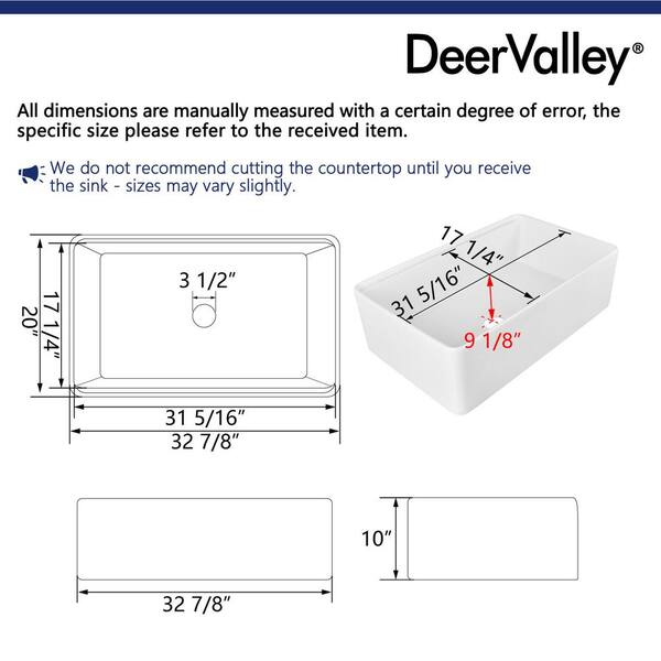 DeerValley White Ceramic 33 in. Single Bowl Farmhouse Apron Workstation Kitchen Sink with Accessories