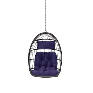 28.5 in. Dark Gray Wicker Hanging Porch Swing with Blue Cushions