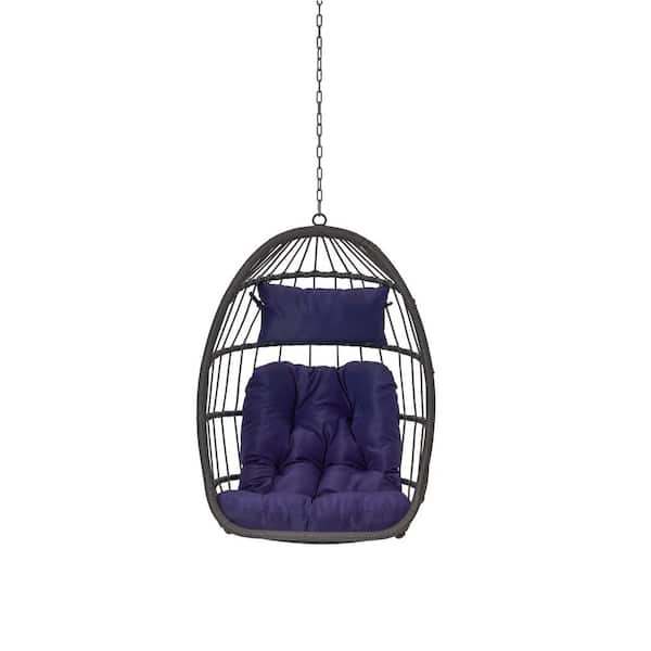 Unbranded 28.5 in. Dark Gray Wicker Hanging Porch Swing with Blue Cushions