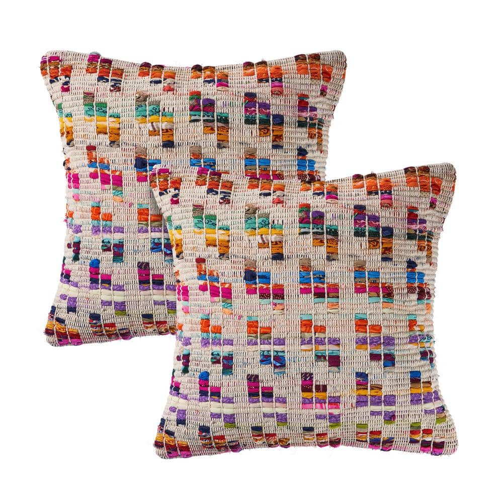 Chindi Tan / Multicolor Geometric Striped Hand-Woven 20 in. x 20 in. Indoor