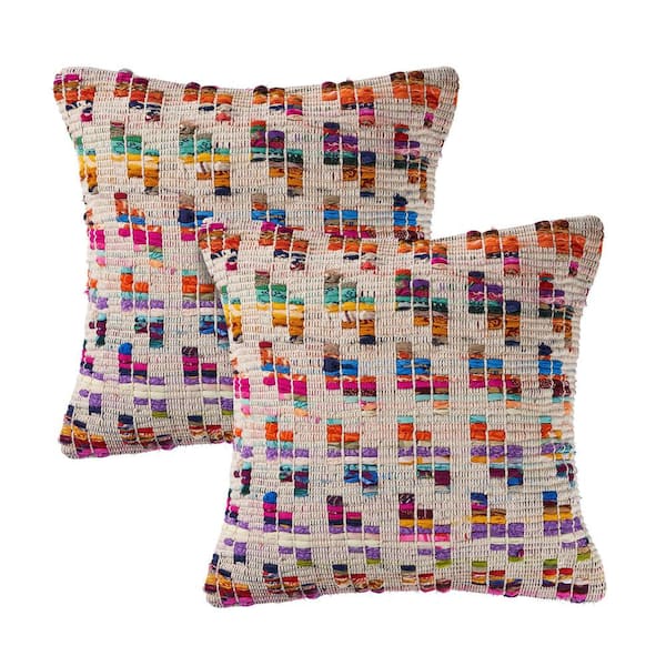 Unbranded Chindi Tan / Multicolor Geometric Striped Hand-Woven 20 in. x 20 in. Indoor Throw Pillow Set of 2