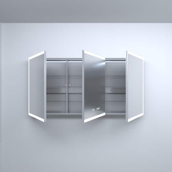 60 in. W x 30 in. H Rectangular Silver Aluminum Recessed/Surface Mount Medicine Cabinet with Mirror, LED and Clock