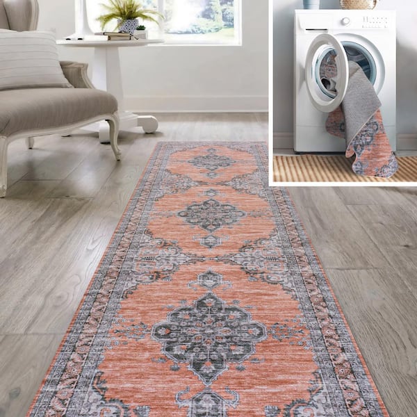 Orange/Gray 2 ft. x 8 ft. Wincer Chenille Cottage Medallion Machine-Washable Runner Rug