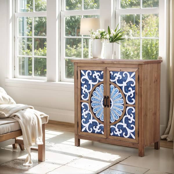 Floral Blue Accent Storage Cabinet with Wood Frame