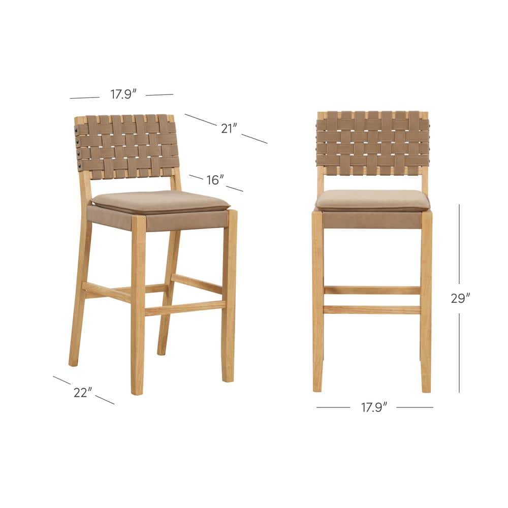 Cohen Natural Brown Wood and Faux Leather Bar Stools, Set of 4