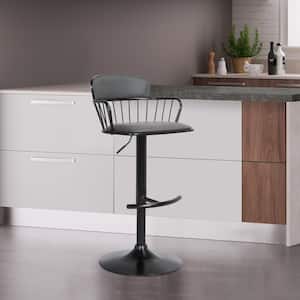 Nash Adjustable 33 in. Grey, Black Metal, Wood Bar Stool with Grey Faux Leather Seat