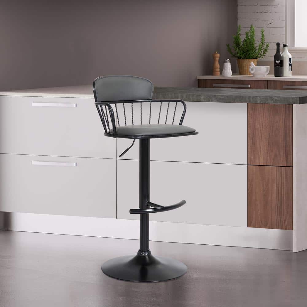 Nash Adjustable 33 in. Grey, Black Metal, Wood Bar Stool with Grey Faux Lea