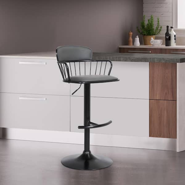 Armen Living Nash Adjustable 33 in. Grey, Black Metal, Wood Bar Stool with Grey Faux Leather Seat