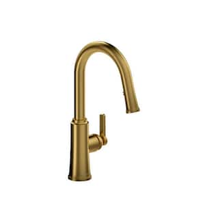 Trattoria Single Handle Pull Down Sprayer Kitchen Faucet with Gooseneck in Brushed Gold