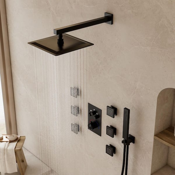 Rainspire 7-Spray 12 in. Wall Mount Square High Pressure Shower System with 6-Jets in Matte Black (Valve Included)